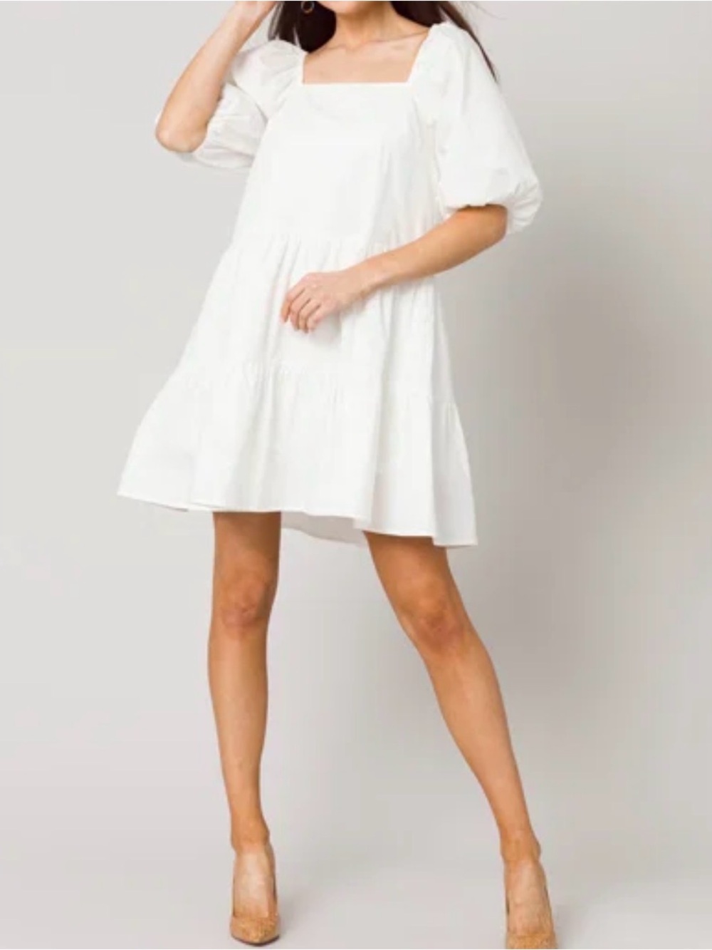 ONLY by Blue Denim, White Square-Neck Puff Sleeve Mini Dress, size S